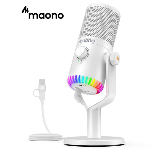 Maono DM30 USB Microphone RGB Gaming Microphone Computer Mic USB Gaming Mic with Mic Gain and RGB Lighting for PC,Computer,Phone DM30-White