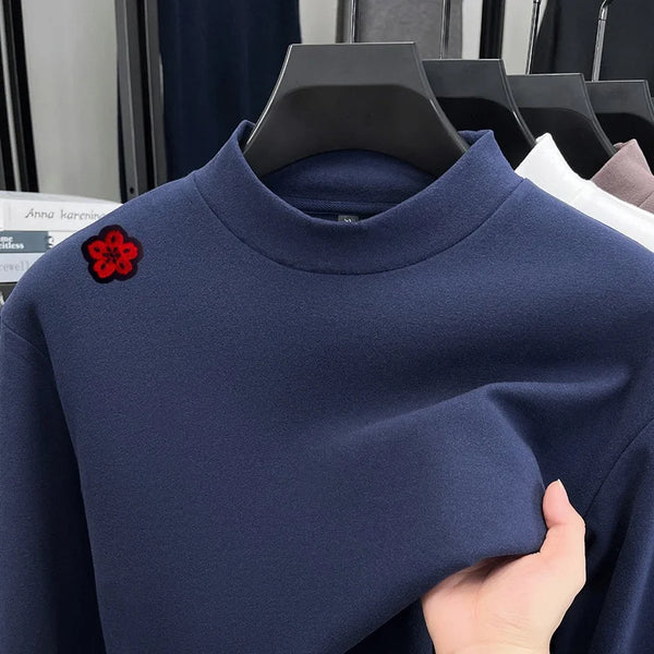 Original Design Man Long-Sleeved T-Shirt Mock Neck Flower Embroidery Dralon Fabric Autumn Winter New Tops Casual Men's Clothing