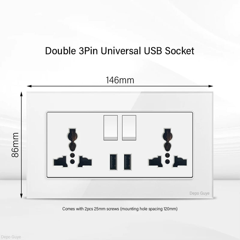 UK Standard 18W Type-C Fast Charging Universal Dual 3pin Power Outlet,White Tempered glass Wall light Switch Panel  For Home