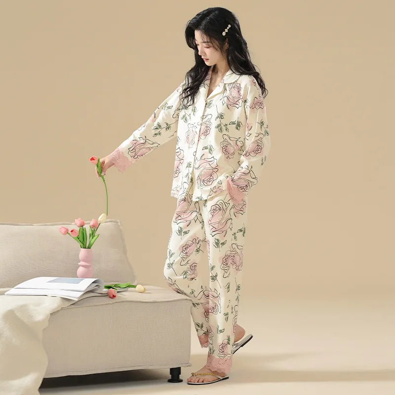 Fashion Printed Women's Pajamas 100% Cotton Long Sleeve Tops Pant Suit Lounge Spring Autumn Home Clothes Big Size Sleepwear