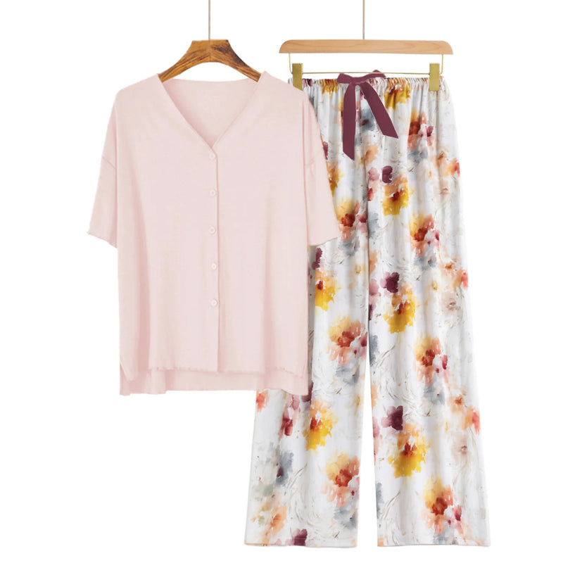 new Summer pajamas set Short sleeve Home suit for women pajama Short Sleeve+Pants Two Piece Thin night wear female nightwear