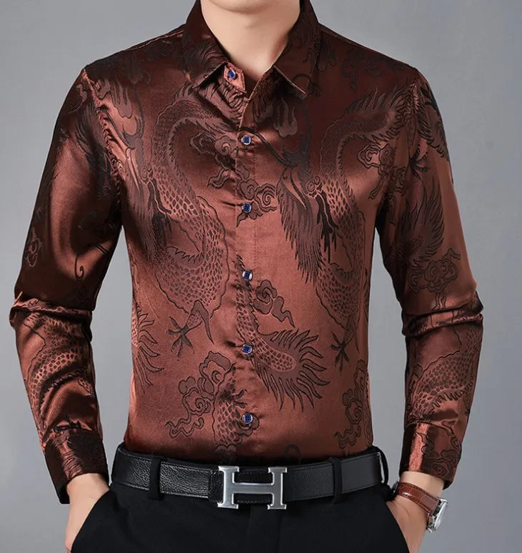 Men's Red Long-sleeve Printed Shirt with A Lapel Featuring A Chinese Dragon Design. White, Blue, Yellow, Brown, and Gray.