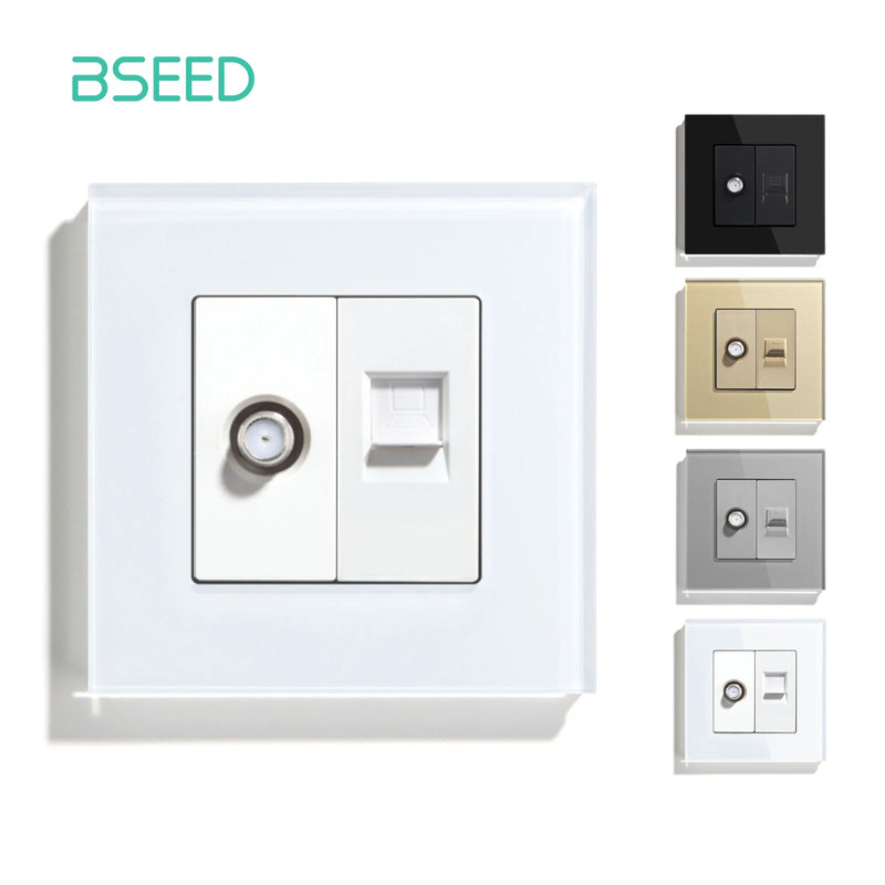BSEED EU Standard Satellite PC Wall Socket Internet CAT5 Network Antenna Power Outlet Crystal Glass Panel 86*86mm