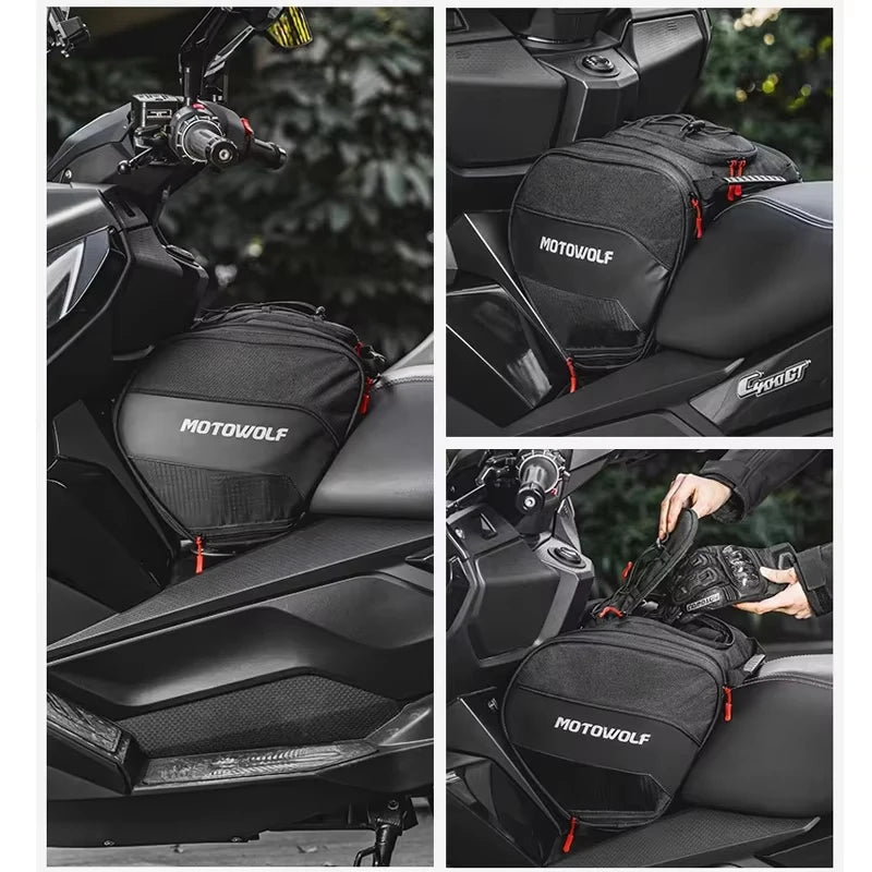 កាបូបដាក់សាំងម៉ូតូ MOTOWOLF សម្រាប់អ្នកបើកបរ កាបូបស្ពាយការពារទឹក កាបូបស្ពាយដៃសម្រាប់ដាក់កៅអីម៉ូតូ