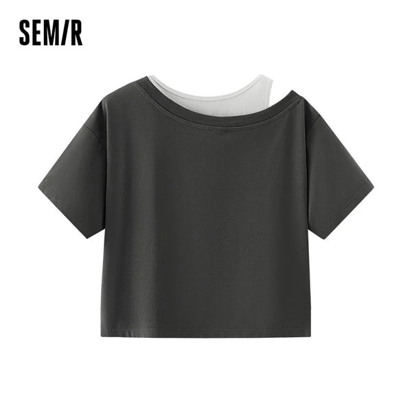 អាវយឺតស្ត្រី Semir ឆ្នាំ ២០២៦ ខ្លីរាងជារង្វង់អក្សរធំពីរដុំស្មារាងចតុកោណកែងទាន់សម័យស្លីមសមធម្មតា