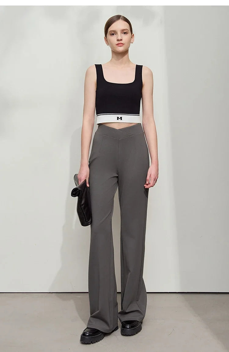 AMII Minimalist Flared Pants Women 2026 Autumn New Solid Slightly Elastic Roman Cloth V-shaped Waist Head Slim Pants 12521030
