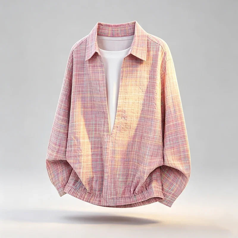 Men Wrinkled Check Lapel Shirt Long Sleeve Relaxed Fit Textured Material Breathable Daily Casual Outerwear