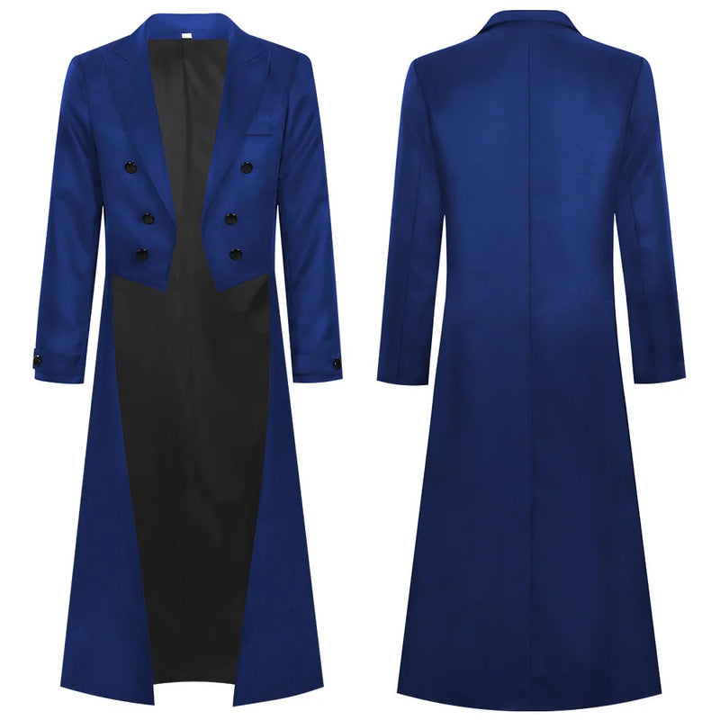 Men's Punk-style Black Tailcoat, Red Double-breasted Trench Coat, Available in Blue and Green.