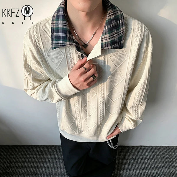 Ens Plaid Lapel Collar Long Sleeve Cable Jacquard Polo Shirt Geometric Embossed Texture Soft Handfeel Top