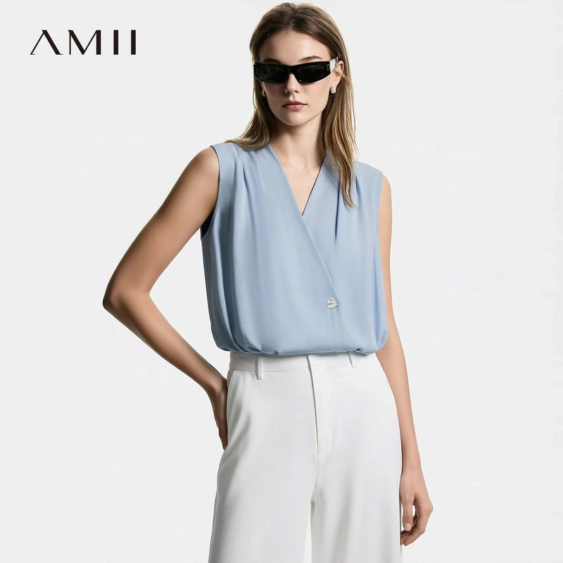 Amii Sleeveless Women's Blouse 2026 Summer New Single Button Elegant Loose Chiffon Top Simple Office Casual Blouses 12622146