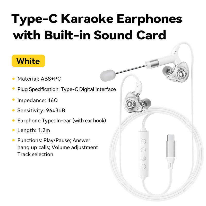 កាសស្តាប់ត្រចៀក Essager Type-C Karaoke ជាមួយនឹងកាតសំឡេងដែលភ្ជាប់មកជាមួយ HIFI Stereo Music កាសស្តាប់ត្រចៀកមានខ្សែ ជាមួយមីក្រូហ្វូន សម្រាប់ច្រៀង/ផ្សាយផ្ទាល់/លេងហ្គេម