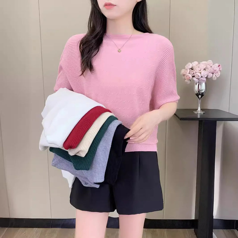 Bat-sleeved Knitted Sweater Women's One-word Collar Top Thin Spring Summer Pullover Shirt Ladies Jumper Pull Femme Knitwear