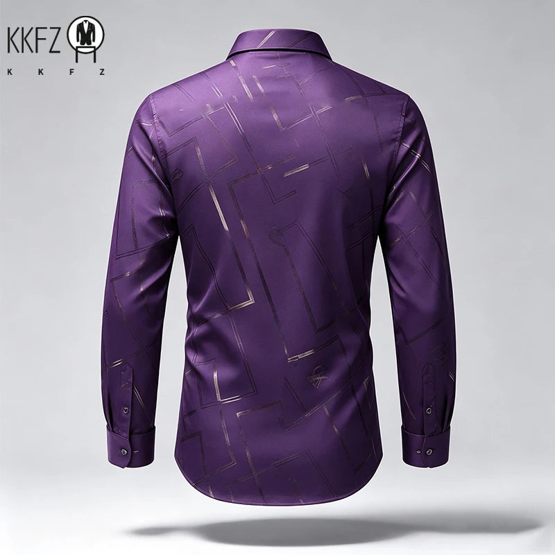 Mens Slim Long Sleeve Dress Shirt Soft Silky Fabric Classic Turn Collar Button Placket Daily Working Casual Outfit