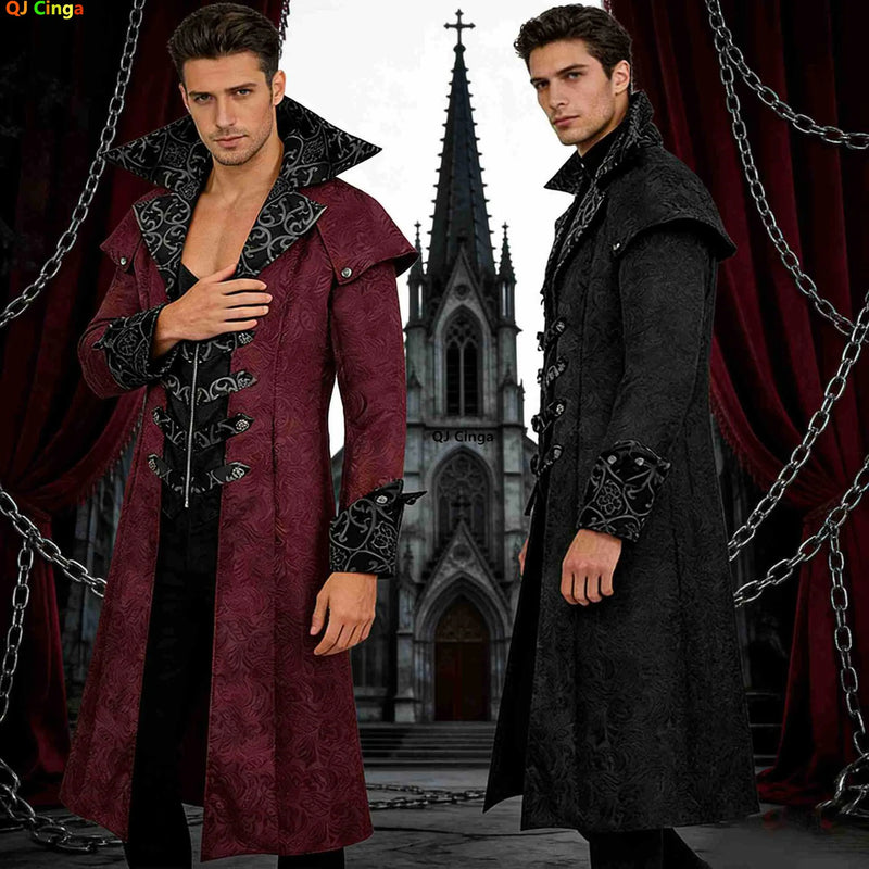 Medieval-inspired Men's Vintage Trench Coat, Halloween Gothic Long Jacket, Available in Red and Black. New 2026