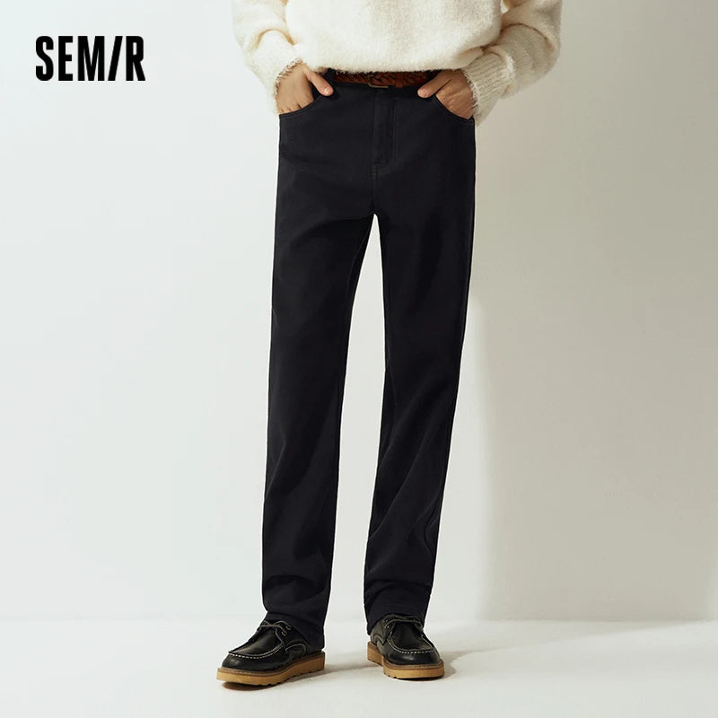 Semir Jeans Men Winter Fleece Lined Warm Lycra Elastic Straight Leg 2025 New Business Casual Commuting Pants Men'S Wear