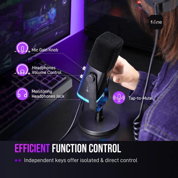មីក្រូហ្វូនឌីណាមិក FIFINE USB/XLR ជាមួយការគ្រប់គ្រង RGB/រន្ធដោតកាស/បិទសំឡេង មីក្រូហ្វូនសម្រាប់ការថតហ្គេមកុំព្យូទ័រ ស្ទ្រីម AmpliGame-AM8