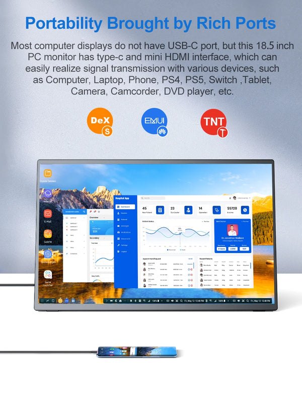 ម៉ូនីទ័រចល័ត UPERFECT ទំហំ 18.5 អ៊ីញ 1080P FHD HDR IPS អេក្រង់កុំព្យូទ័រយួរដៃ HDMI USB C អេក្រង់ខាងក្រៅ ជាមួយឧបករណ៍បំពងសម្លេងពីរ VESA