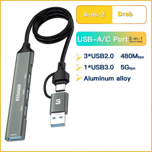 Essager 4 in 1 USB C Cable Hub USB 2.0 High Speed Splitter Type C Hub Adapter For Laptop Computer USB Multifunctional Expander USB A And Type c