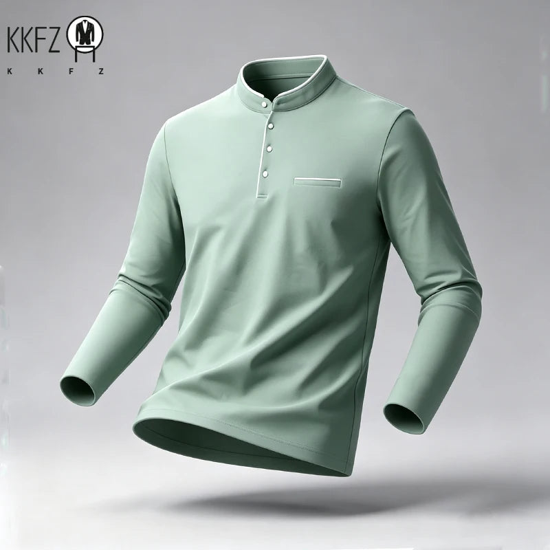 Men Stand Collar Long Sleeve Polo Shirt Slim Fit Half Button Design Chest Pocket Soft Fabric Business Daily Tops
