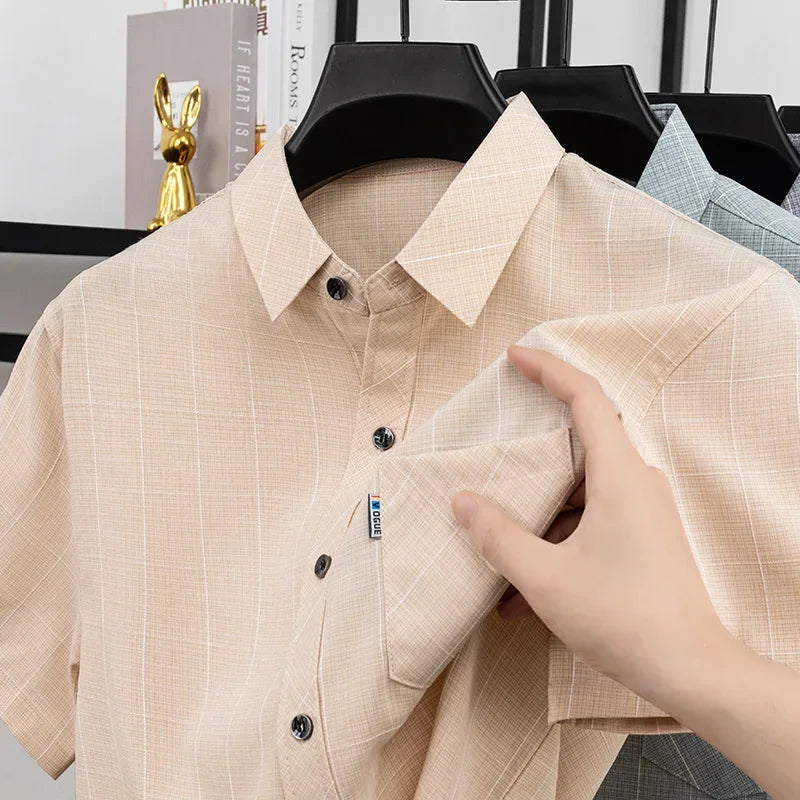 Mens Casual Plaid Short Sleeve Shirt Breathable Light Fabric Turn Down Collar Tops For Spring Summer Daily Wear