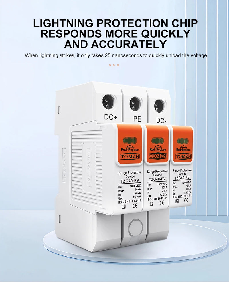 TOMZN DC SPD Low-Voltage Arrester, 500–1500V (500/600/800/1000/1200/1500V), 10-20kA & 20-40kA, Household Surge Protector