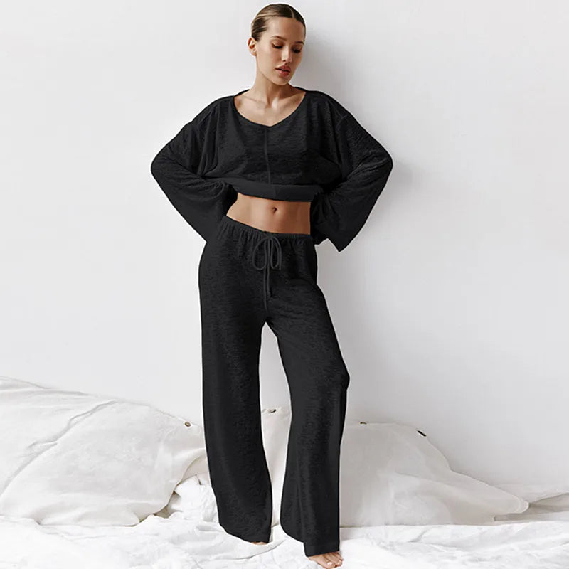 Sexy Fashionable Knitted Long Sleeved Pajamas Women Friendly Home Clothes Cotton Sleepwear Set Spring Summer Nightwear Pijama