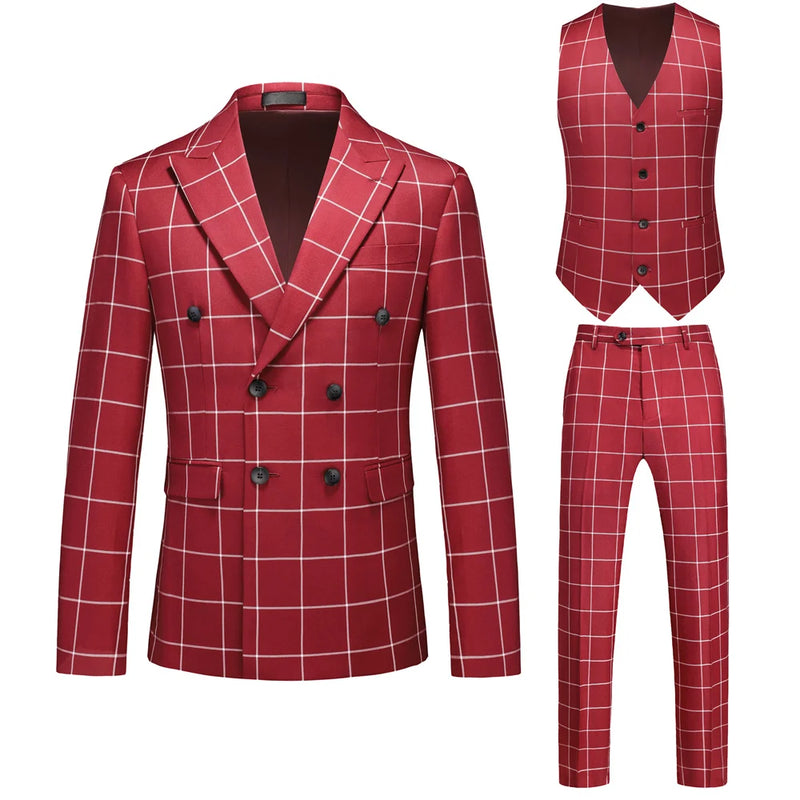 Men's Black-White Striped Plaid Suit 3-Piece, Wedding Party Dress Jacket and Vest with Trousers, Asian Sizes Red Slim Fit Sets.