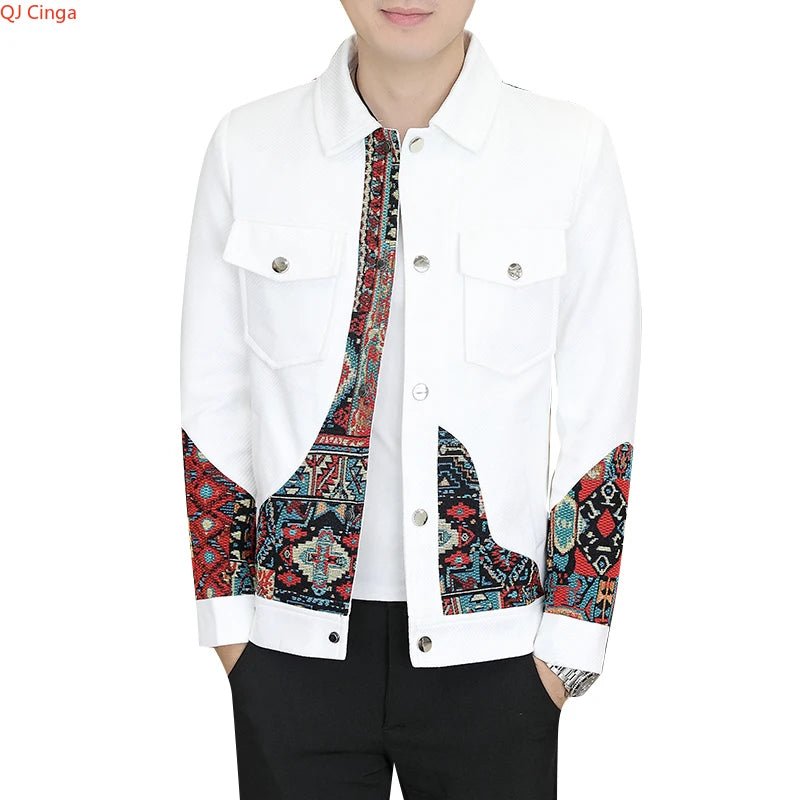 2026 Men's Long-Sleeve Collared Jacket for Fall, Black Patchwork-Detailed Outerwear, Asian Fit Slim-Cut Top Coats.