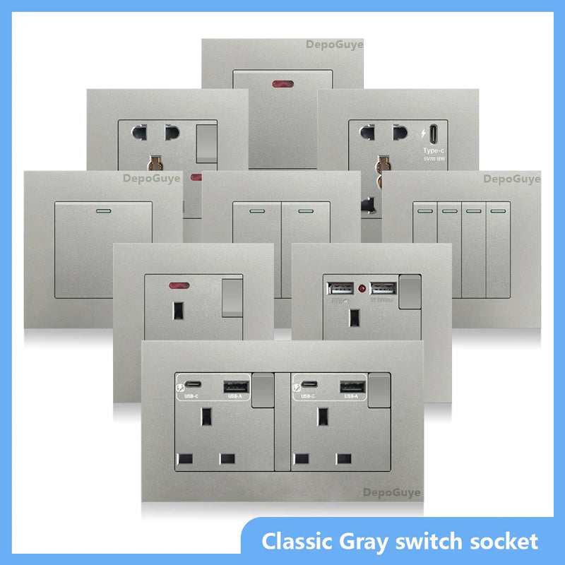 Universal 18W Type-C Quick charge Double Power Outlet,220V Electrical Wall Light 2way Switch UK 13A Wall Double USB Plug Socket