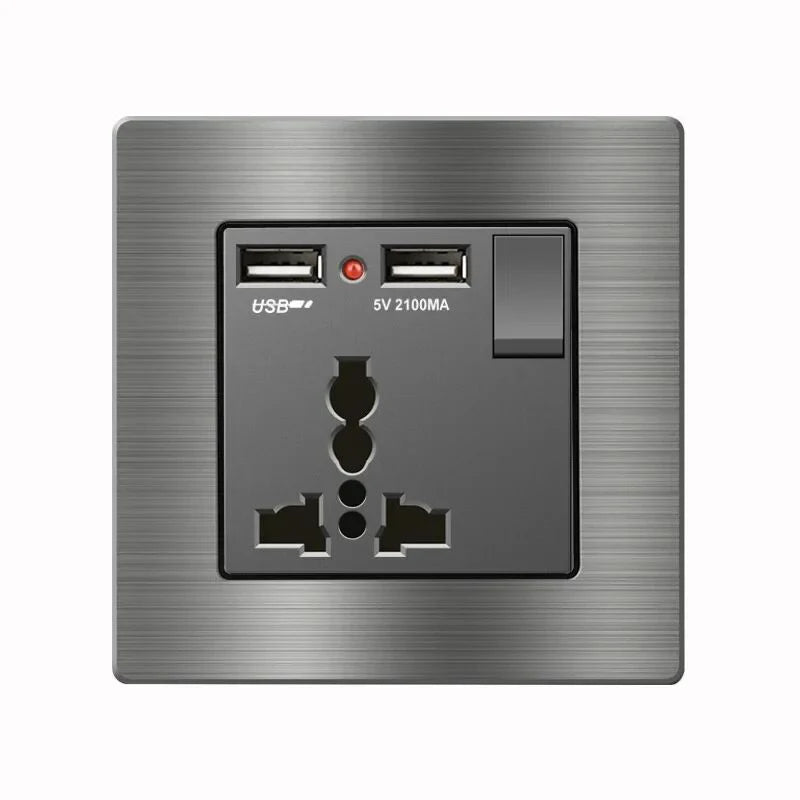 Metal grey Eu wall light switch,Stainless steel universal usb rechargeable electrical socket,220V dimmer speed control switch
