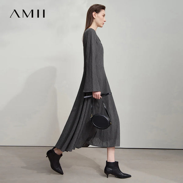 AMII Women's 2026 Autumn Dress Irregular Neck Elegant Casual Pullovers Flared Long Sleeves Dress Ladies Clothes 12523080