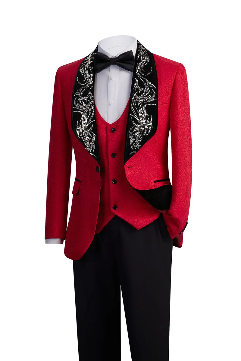 Red Men's Three-piece Suit Set Featuring A Jacquard Jacket and Vest Paired with Pants. Blue, Green, Purple, Pink, and White.