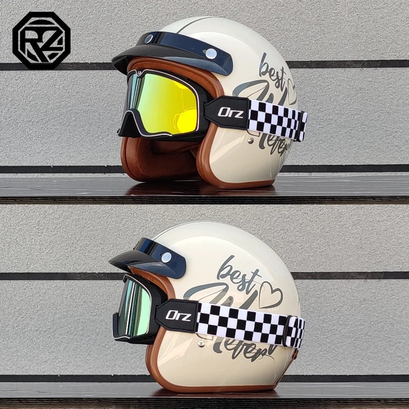 ORZ Classic Retro Face Out Motorcycle Helmet 3/4 Half Helmet, Suitable for Motorcycle Jet Helmets Adult Men and Women