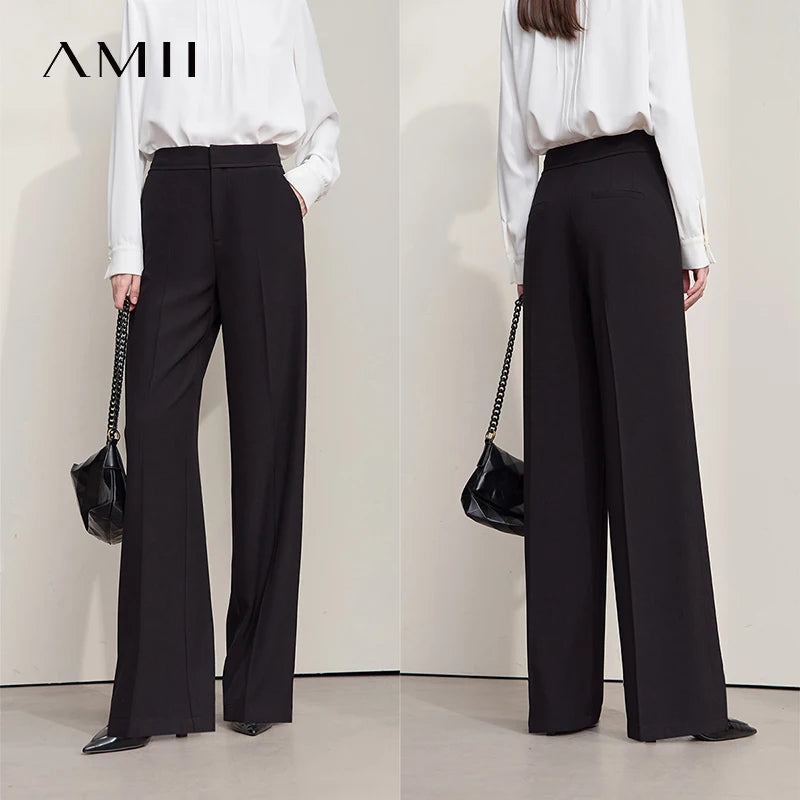 ខោ AMII សម្រាប់នារីសាមញ្ញបំផុត រដូវស្លឹកឈើជ្រុះ ឆ្នាំ២០២៥ សម្រាប់ធ្វើដំណើរ អាជីវកម្ម ខោពណ៌ខ្មៅប្រណីត ខោជើងធំលាតសន្ធឹងបន្តិច 12553010