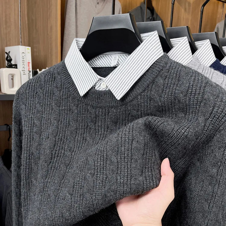 Men's Cable Knit Sweater, Faux Two-Layer Shirt Collar, 550g Wool Blend, 7 Colors Business Casual Knitted Pullover Sweater