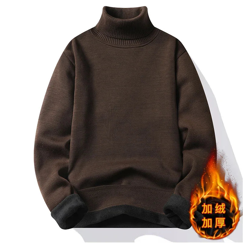 Male Long Sleeve Turtleneck Knit Top Thick Fleece Lining Warm Thermal Pullover Loose Fit Daily Casual Basic Clothes