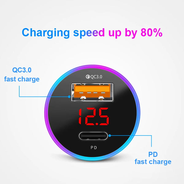 SEAMETAL USB C Car Charger 20W 2 Ports PD2.0 QC3.0 Digital Display Car Phone Charger For iPhone Samsung Quick Charging Adapter