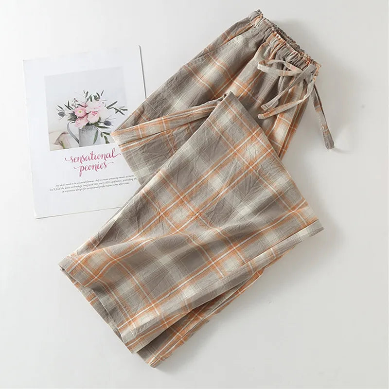 Pure Cotton Leisure Home Trousers Casual Plaid Breathable Sleepwear Pants Spring Autumn Homewear Pajamas Pant Women Pantalones
