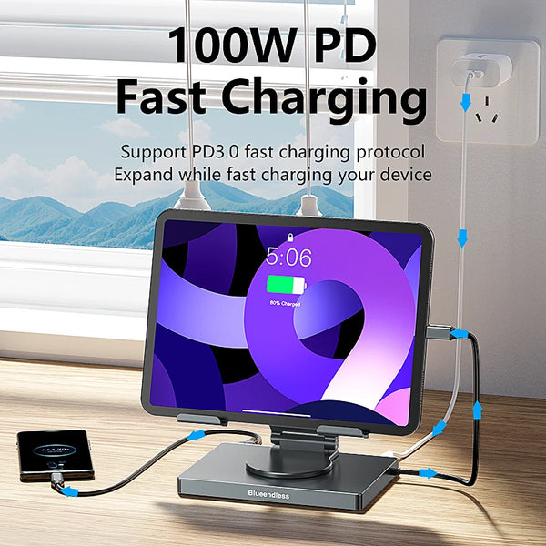 ស្ថានីយ៍ចតឧបករណ៍សាកថ្ម Blueendless USB 3.0 PD 100W ស្ថានីយ៍ចត HDTV 4K RJ45 ជើងទម្រពហុច្រក 7 ក្នុង 1 USB C SD TF ប្រភេទ C ឧបករណ៍ភ្ជាប់មជ្ឈមណ្ឌលចត