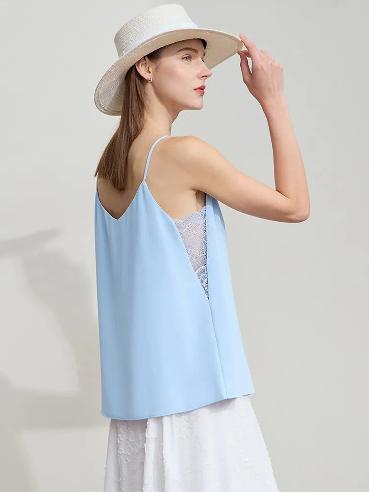 Amii Women's Camisole 2026 Summer New V-Neck Chiffon Spaghetti Strap Tank Lace Patchwork Romantic Sleeveless Top Women 12442026