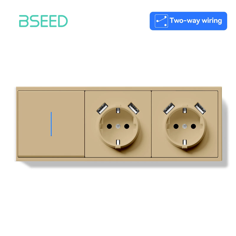 BSEED 1/2Gang 2Way Button Light Switch With EU Socket 20W AC Socket Plastic Frame Wall Switch On Off For Stairs LED Backlight