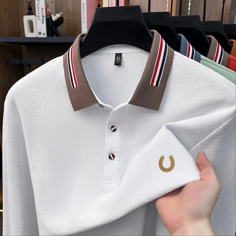 High-End 100% Cotton Man Long-Sleeved Polo Shirt Lapel Button Color Blocking Letter Embroidery Autumn New Leisure Men's Clothing