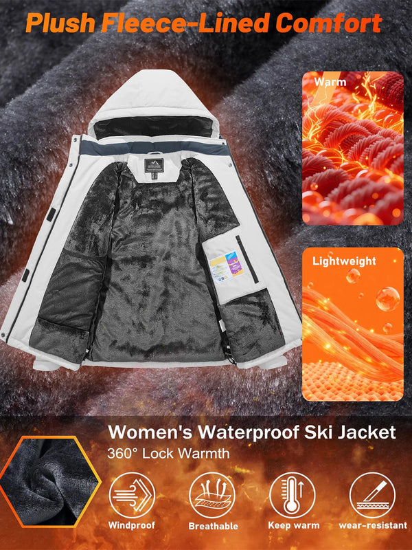 TACVASEN Waterproof Winter Fleece Lined Coat Womens Windproof Warm Breathable Ski Jacket Hooded Multiple Pocket Outdoor Coat
