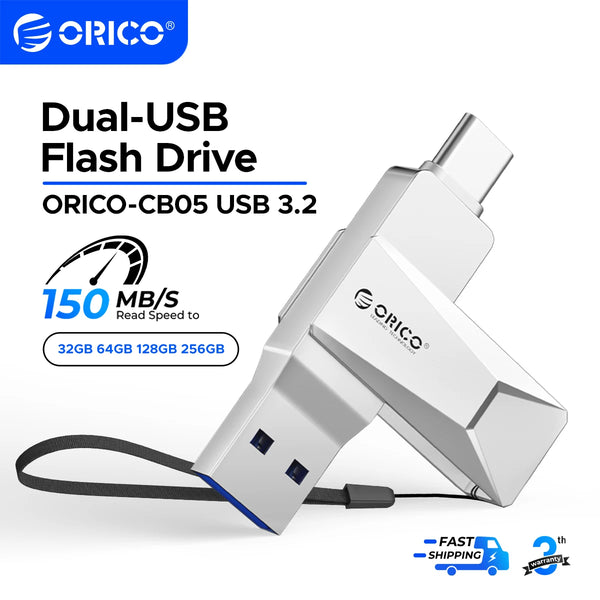 ORICO 256GB Flash Drive 150MB/s Dual Portable Thumb Drive Type-A and USB Type-C Zinc Alloy with Lanyard for phones Laptop