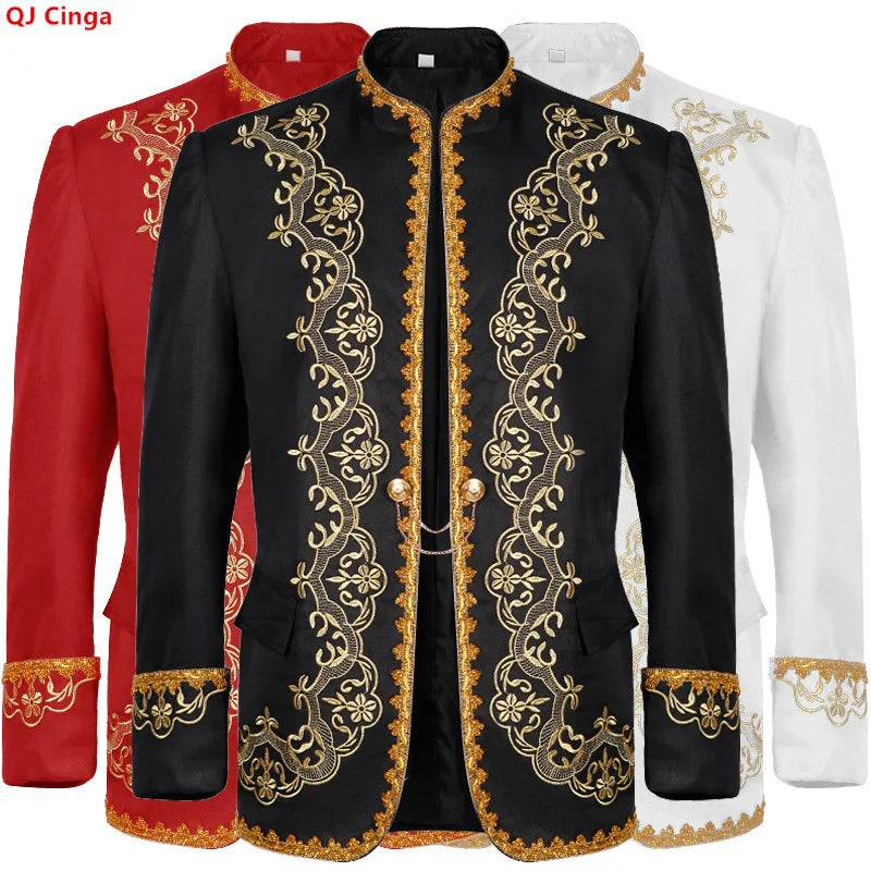 Vintage-style Men's Black Long-sleeve Stand-up Collar Jacket with Gold Embroidery, Perfect for Weddings, Parties, and Cosplay.
