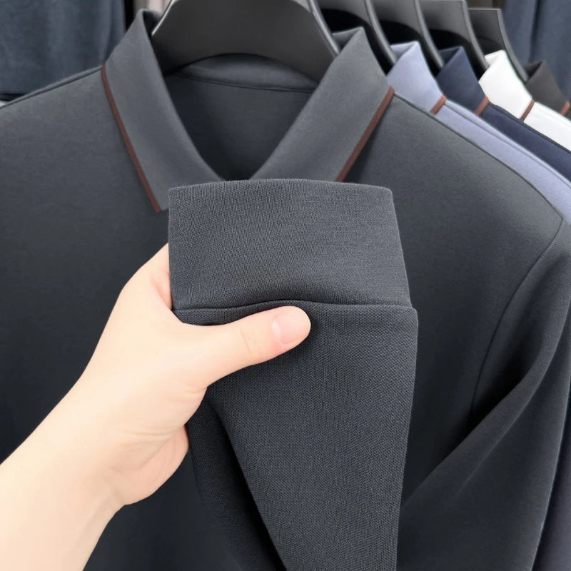 Men's Premium Long-Sleeve Polo Shirt Silk & Wool-Blend Fabric Breathable & Soft -4 Color Options -Upgraded Comfort Design