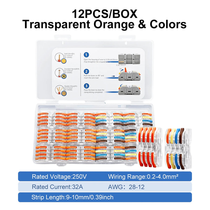 TOMZN 12PCS Lever Wire Connectors 4 In 4 Out Quick Splicing Terminal Blocks 32A 250V for 28-12AWG Solid Stranded Flexible Wires