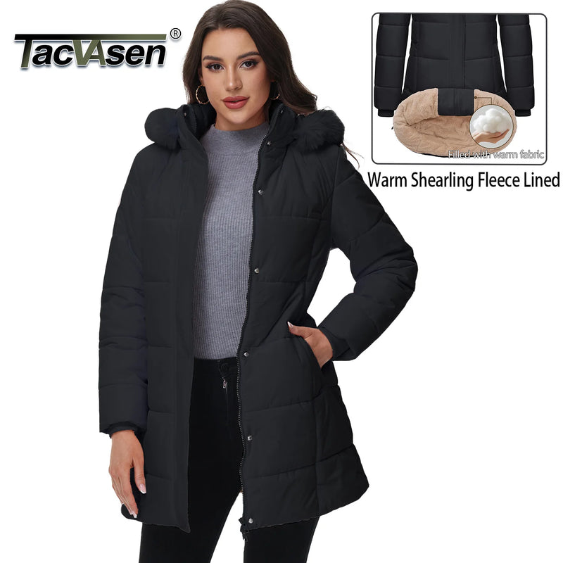 TACVASEN Womens Waterproof Long Parka Coat Shearling Fleece Lined Winter Warm Outdoor Coat Removable Hooded With 3 Pockets Coat