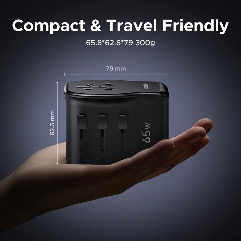 UGREEN 65W Universal Travel Adapter 2 USB-C 1 USB-A AC Socket GaN Charger Certified CE FCC UKCA TÜV For EU US UK Grounded Plug