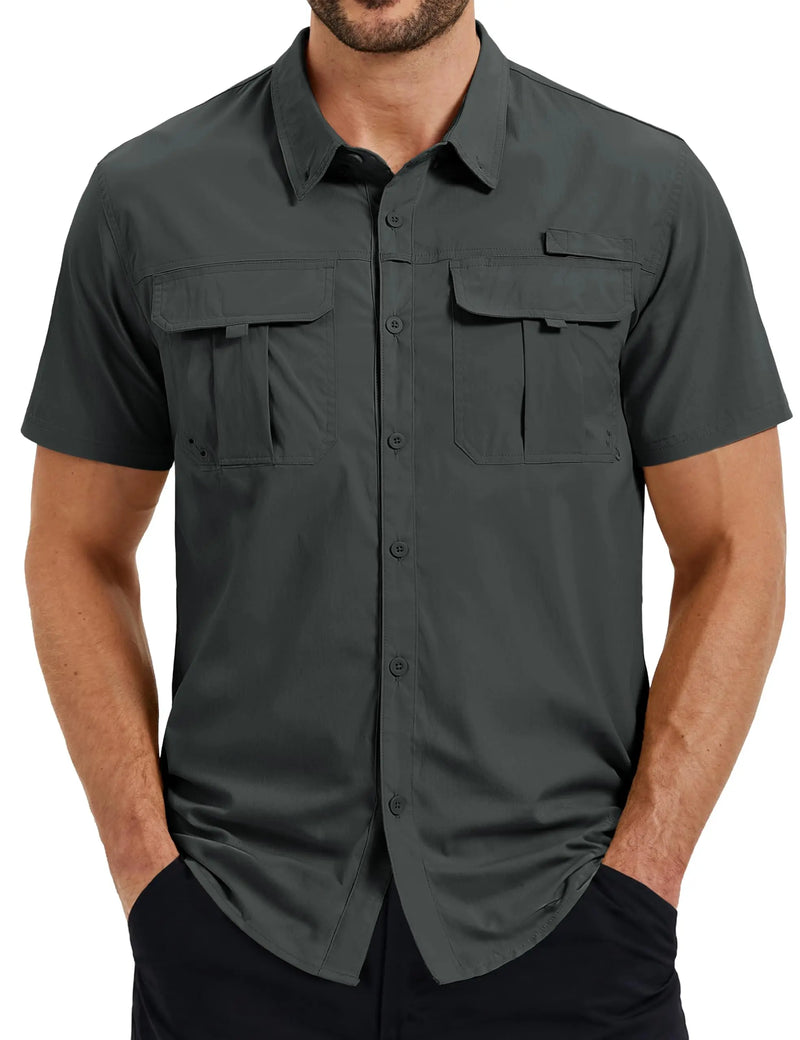 TACVASEN Men's UPF 50 Fishing Shirt Quick Dry Breathable Short Sleeve Tactical Shirt Button Down Sun Shirt for Work with Pockets